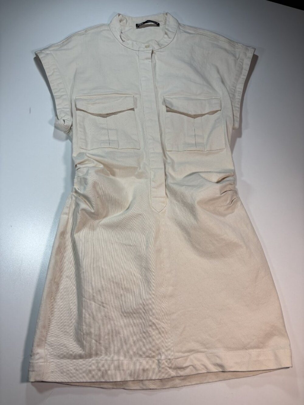 Zara cream utility mini dress ruched waist safari style cotton dress